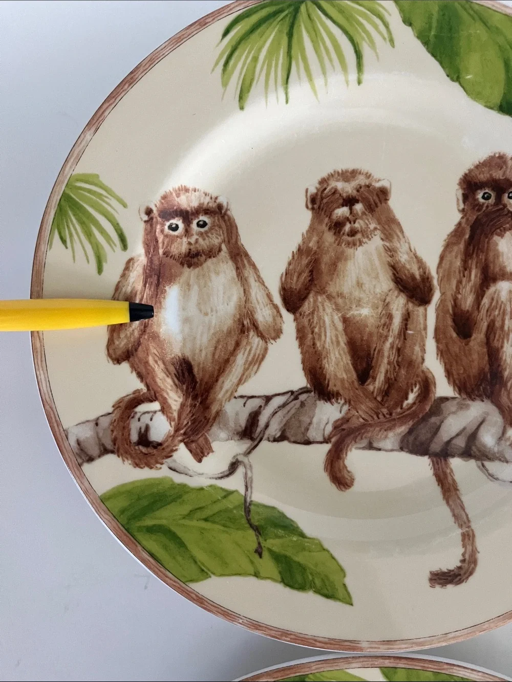 American Atelier Three monkeys porcelain salad plates hear see speak no evil 8”